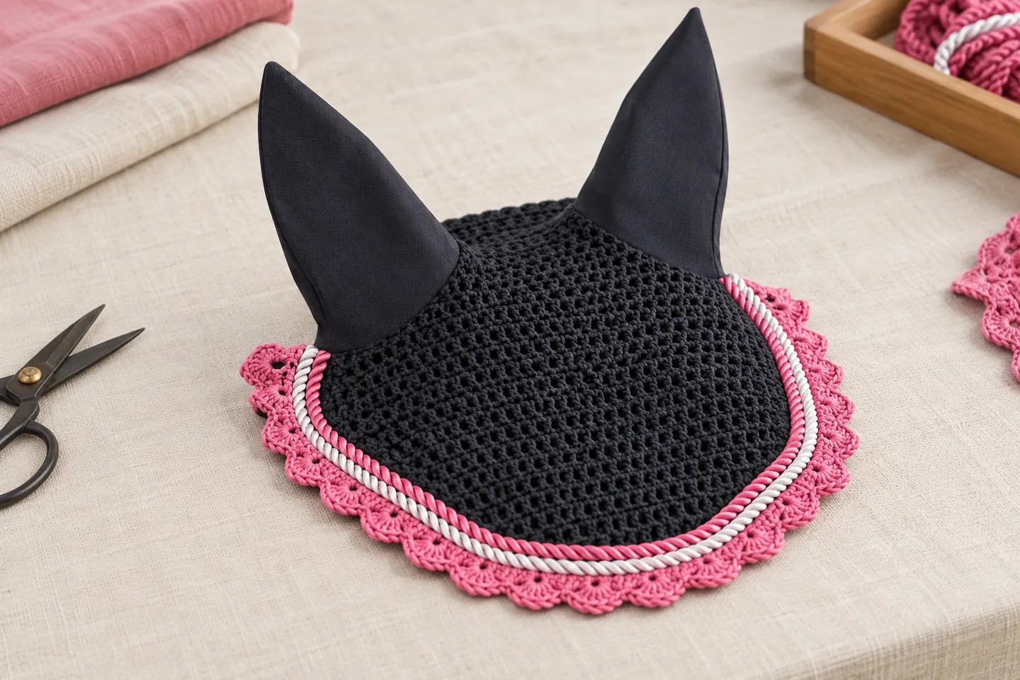 A black horse ear bonnet with fabric ear sleeves and pink scalloped trim