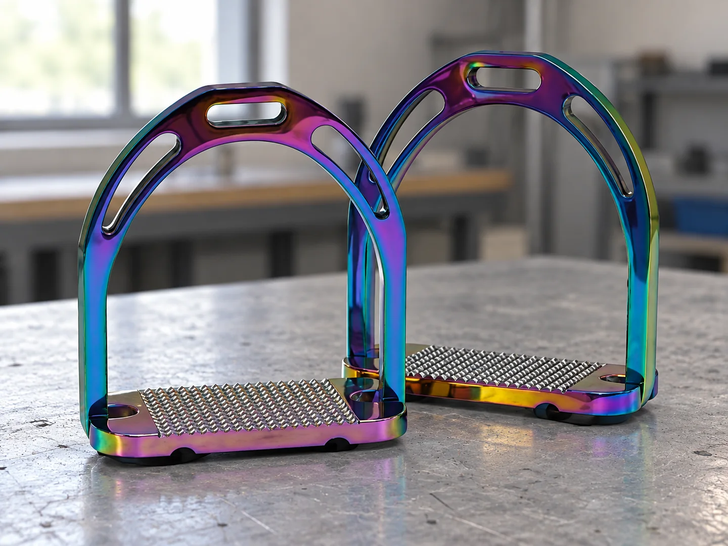 Matching rainbow-finish riding stirrups with toothed treads on a sample bench