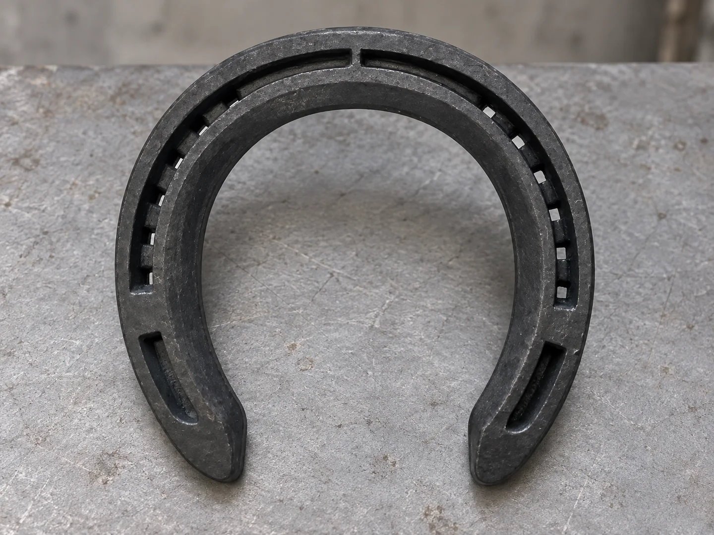 Unclipped forged steel horseshoe with recessed nail channels on a gray workbench