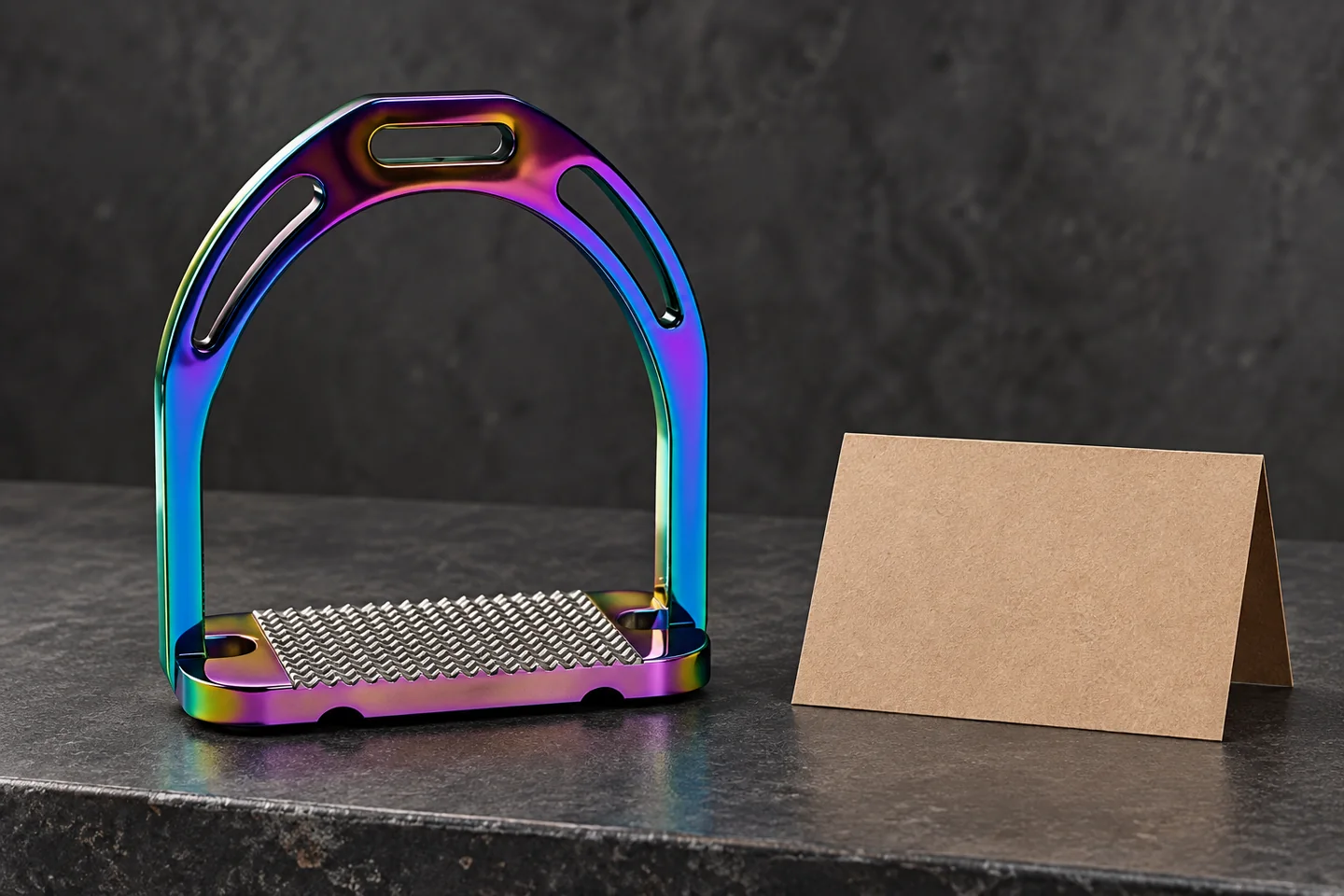 A closed-frame rainbow stirrup with a textured tread on a sample bench
