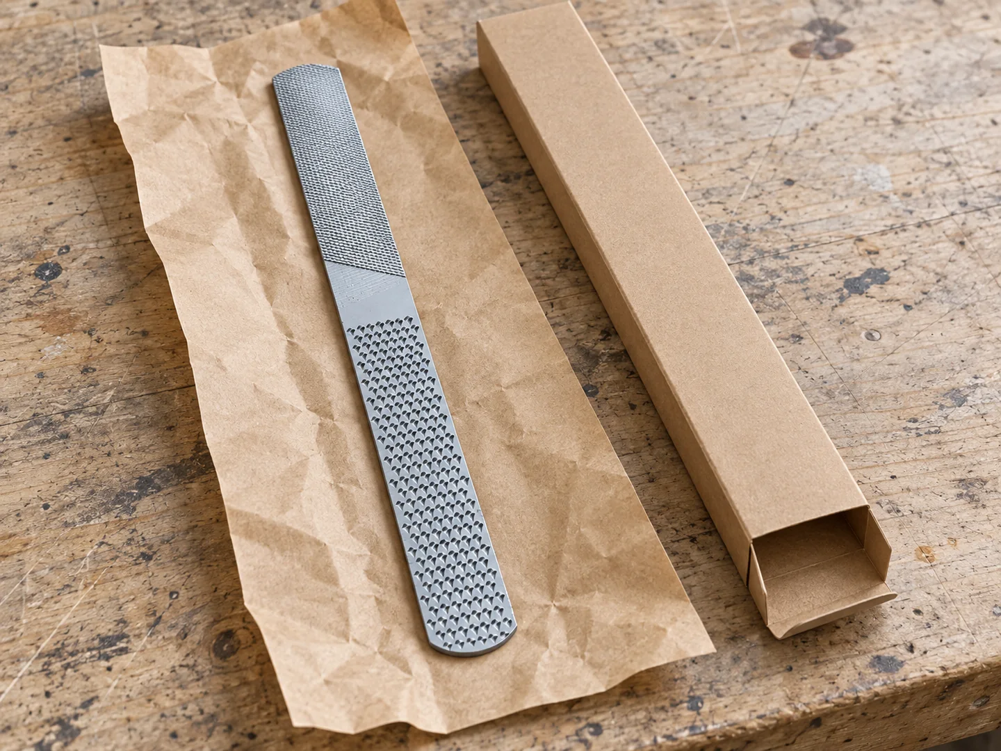 Flat rasp on plain protective paper beside an empty cardboard sleeve