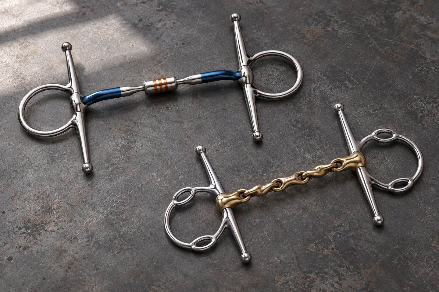 Two complete horse bits showing different mouthpiece and cheek arrangements