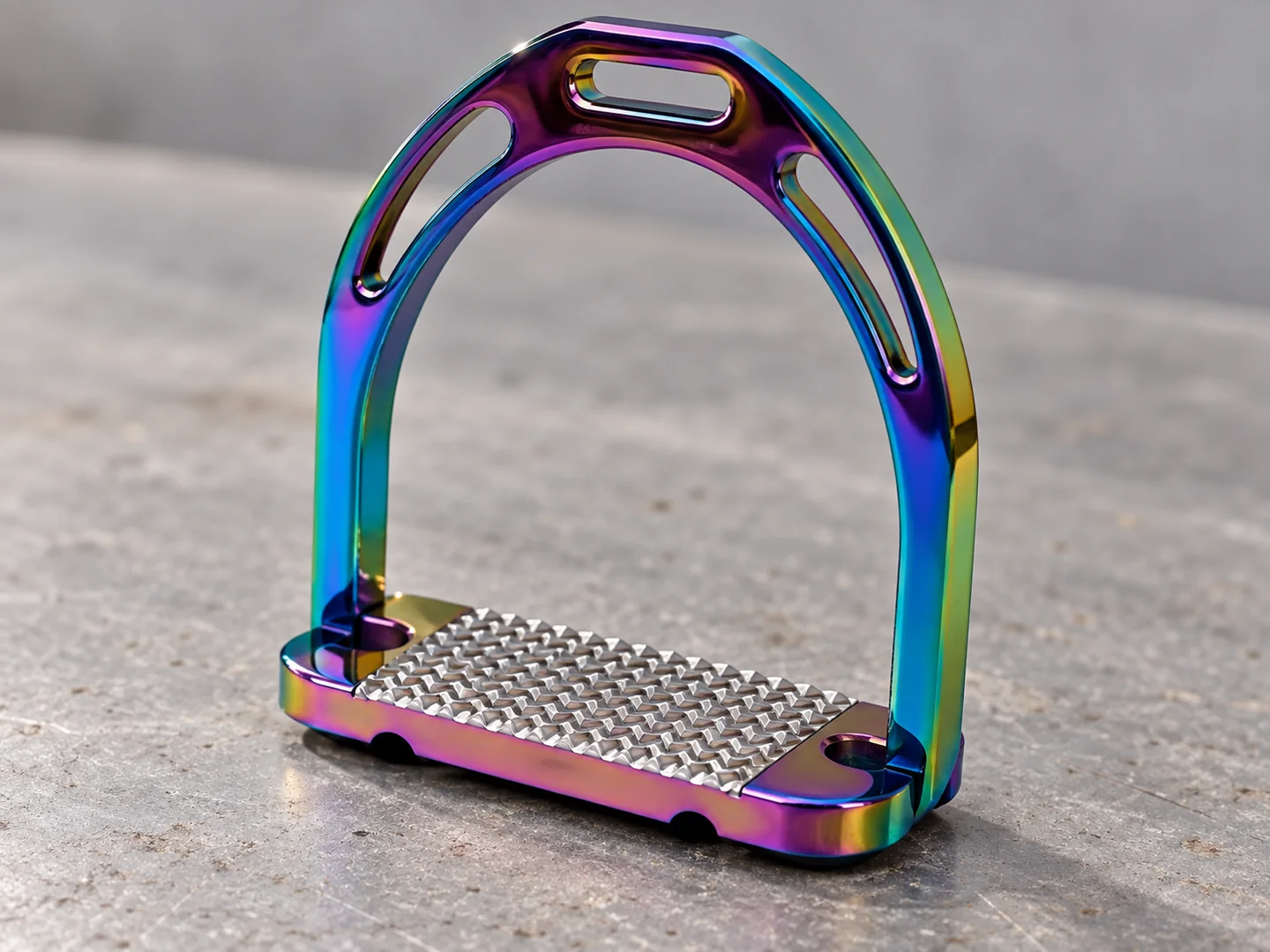Toothed stirrup tread and its connection to the rainbow-finish frame