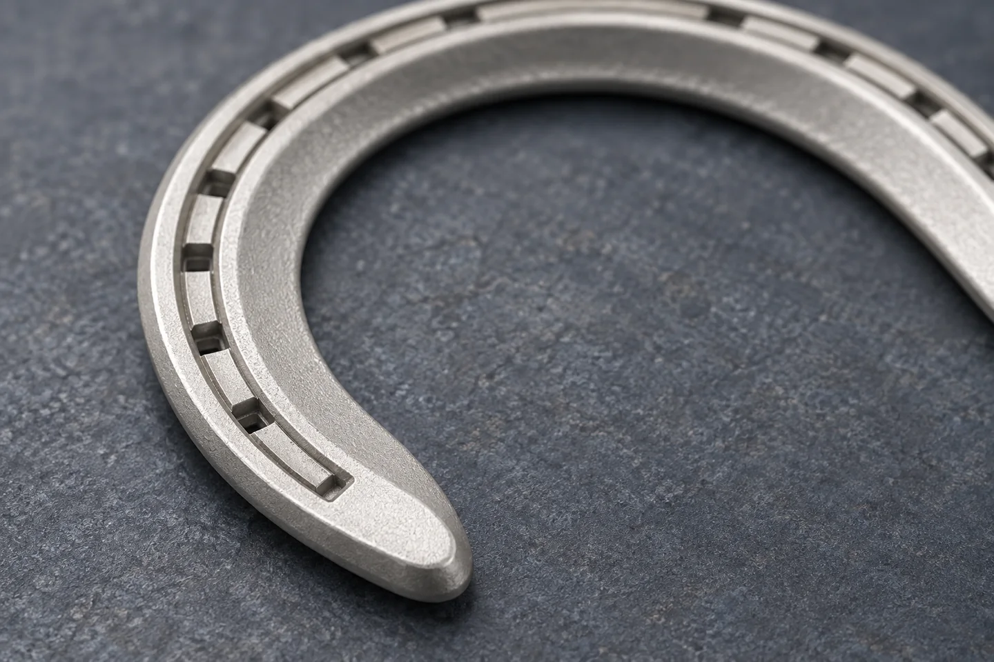 Close view of the nail channel and matte silver surface of an aluminum horseshoe